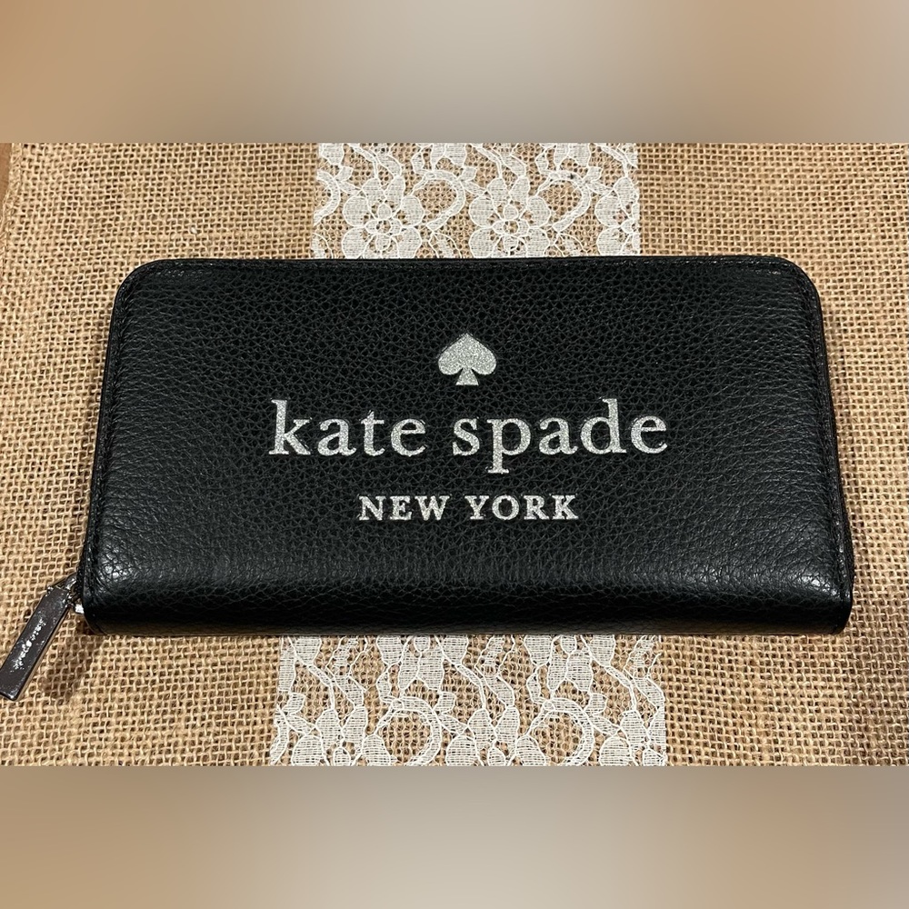 kate spade New York glitter Continental Wallet Black/Silver NWT